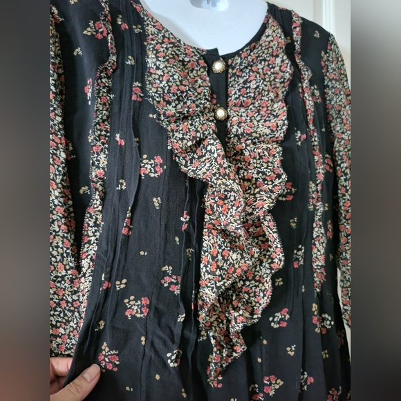 Joie | Cute Black/Multicolor Floral Ruffle Trim Long Sleeve Silk Blend Dress - Picture 11 of 13